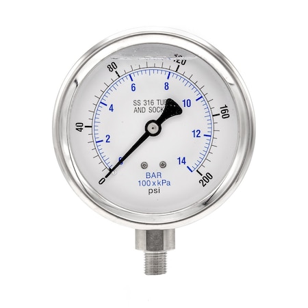Pic Gauges 4 in Dial, 1/4 in NPT Male Lower Location, Stainless Steel Case Material PRO-301L-404G-01